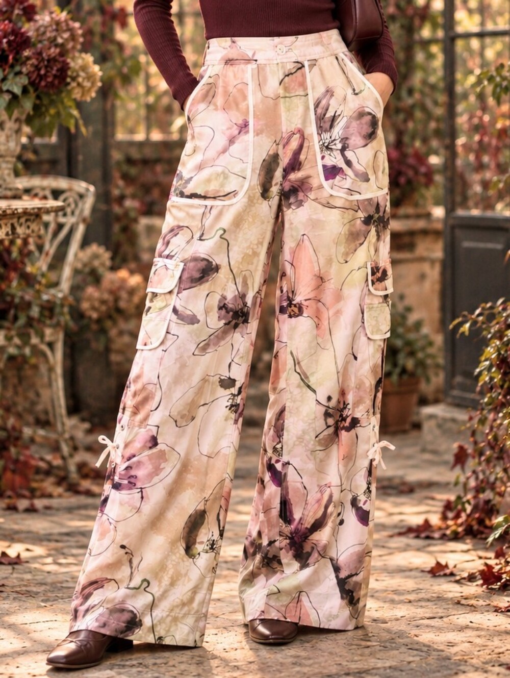 Anthropologie Palazzo Wide Leg Utility Cargo Pants Floral Viscose US 4